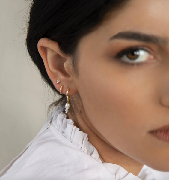 Double Pearl Huggies in 18KT Yellow Gold Plate