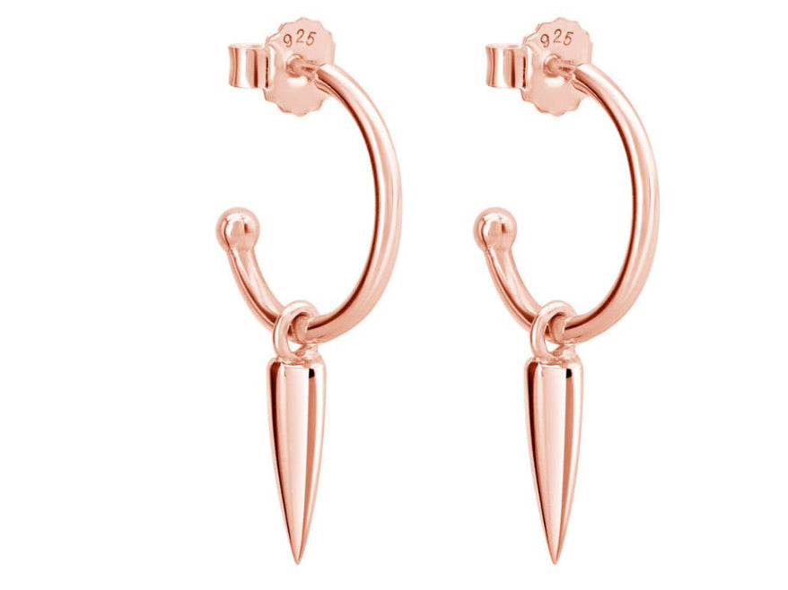 Petite Small Hoop Earrings with Dagger Pendant - Rose Gold