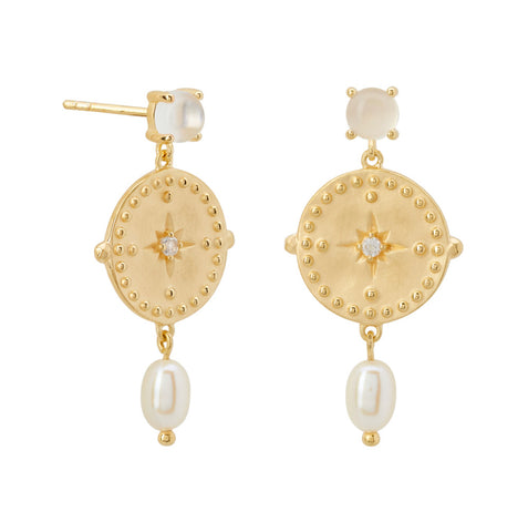 Hanging Disc Pearl Earrings in 18KT Yellow Gold Plating